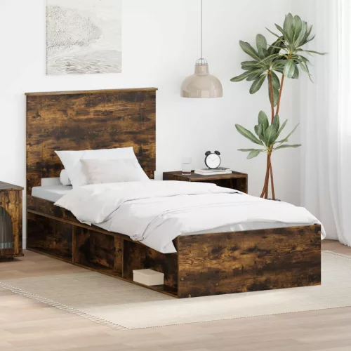 vidaXL Ágykeret fejtámlával Füstölt tölgy 90 x 190 cm Tömör fenyőfa