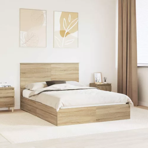 vidaXL Tárolós Ágy fejtámlával Sonoma tölgy 140 x 190 cm Faanyag