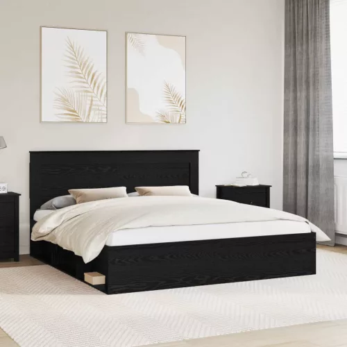 vidaXL Ágykeret fejtámlával Fekete 200 x 200 cm Tömör fenyőfa
