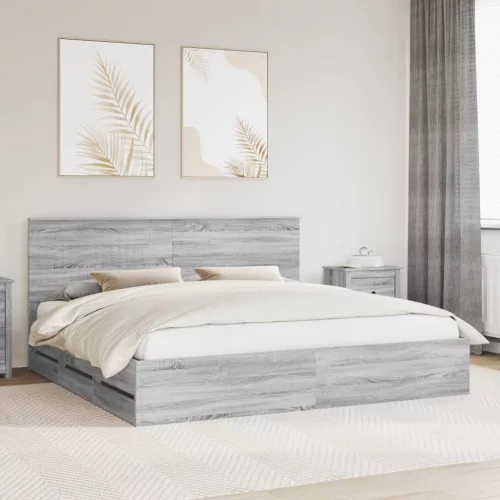 vidaXL Ágykeret fiókkal Szürke Sonoma 200 x 200 cm Mérnöki Fa