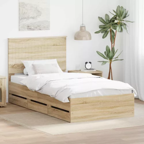 vidaXL Ágykeret fiókkal tárolóval Sonoma tölgy 100 x 200 cm Mérnöki Fa