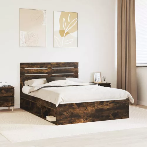 vidaXL Ágykeret fejtámlával Füstölt tölgy 160 x 200 cm Tömör fenyőfa