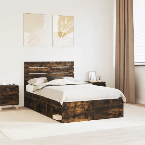 vidaXL Ágykeret fejtámlával Füstölt tölgy 135 x 190 cm Tömör fenyőfa