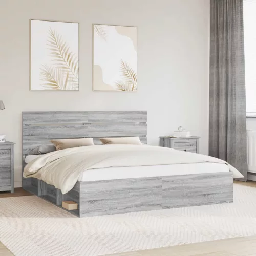 vidaXL Ágykeret fejtámlával Szürke Sonoma 200 x 200 cm Tömör fenyőfa