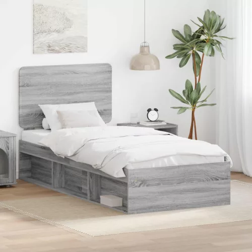 vidaXL Ágykeret fejtámlával Szürke Sonoma 90 x 200 cm Tömör fenyőfa