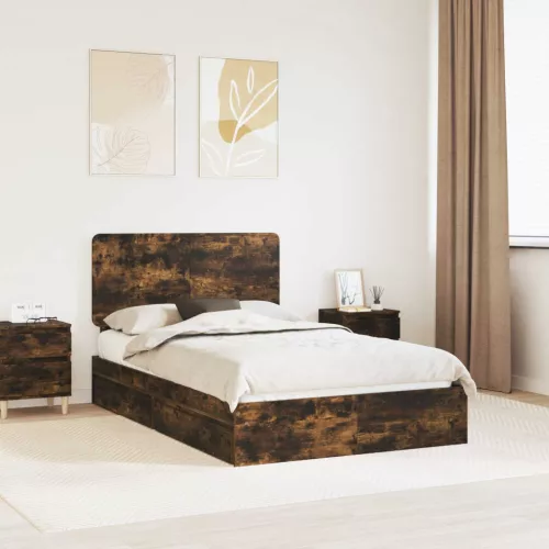 vidaXL Tárolós Ágy fejtámlával Füstölt tölgy 135 x 190 cm Faanyag