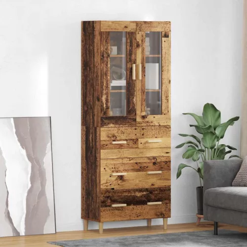 vidaXL Magasfiú fiókkal Öreg fa 69,5 x 34 x 180 cm Műanyag Fa és Üveg
