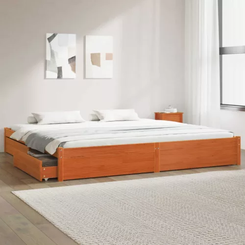 vidaXL Ágykeret fiókkal Faggyú barna 200 x 200 cm Tömör fenyőfa