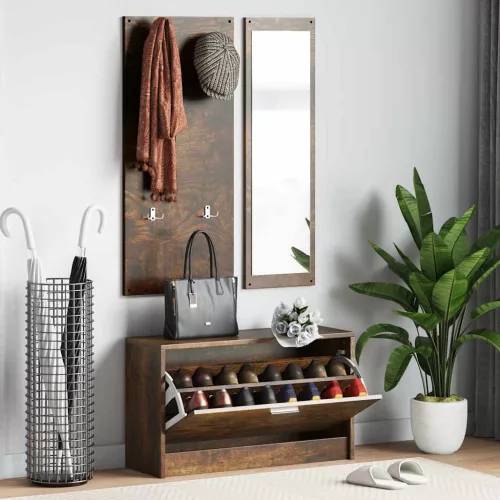 vidaXL 3 az 1-ben füstös tölgy szerelt fa cipőszekrény szett