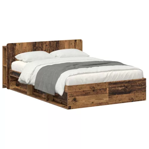vidaXL Ágykeret tárolóval fejtámlával Antik Fa 140 x 190 cm Szerelt Fa