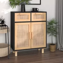   vidaXL fekete tömör fenyő/természetes rattan tálalószekrény 60x30x75cm