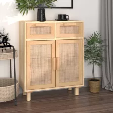   vidaXL barna tömör fenyő/természetes rattan tálalószekrény 60x30x75cm