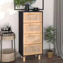   vidaXL fekete tömör fenyő/természetes rattan tálalószekrény 40x30x90cm