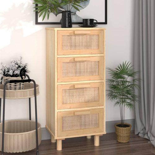 vidaXL barna tömör fenyő/természetes rattan tálalószekrény 40x30x90 cm