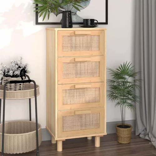 vidaXL barna tömör fenyő/természetes rattan tálalószekrény 40x30x90 cm