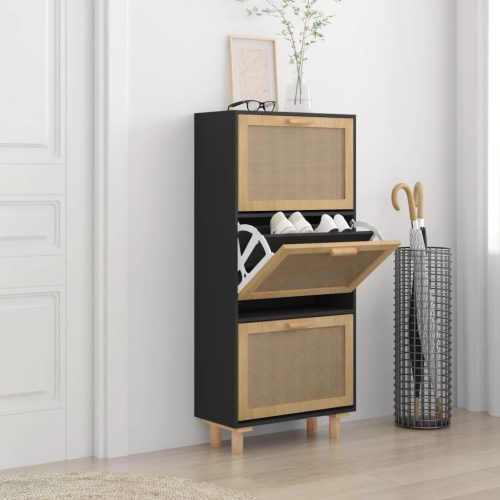 vidaXL fekete szerelt fa és természetes rattan cipőszekrény 52x25x80cm