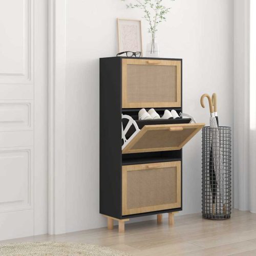 vidaXL fekete szerelt fa és természetes rattan cipőszekrény 52x25x80cm