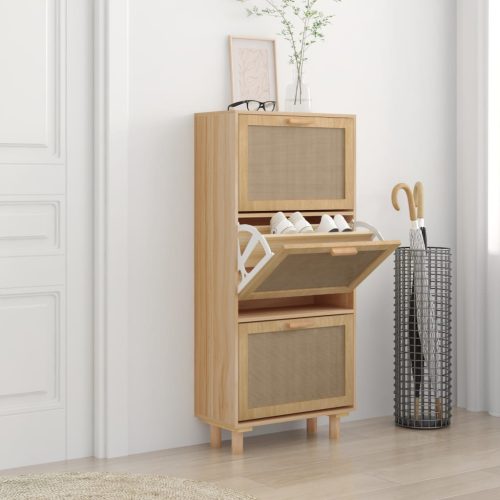 vidaXL barna szerelt fa és természetes rattan cipőszekrény 52x25x80 cm