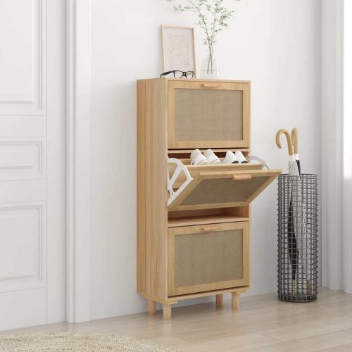 vidaXL barna szerelt fa és természetes rattan cipőszekrény 52x25x80 cm