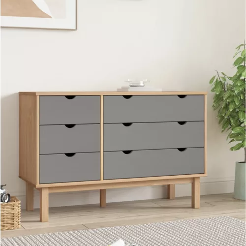 vidaXL OTTA barna-szürke tömör fenyőfa éjjeliszekrény 111x43x73,5 cm