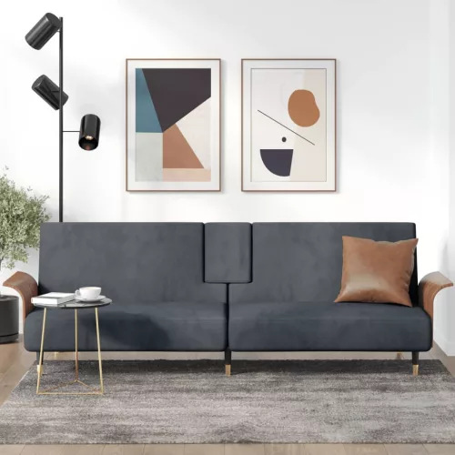 vidaXL sötétszürke bársony kanapéágy pohártartókkal