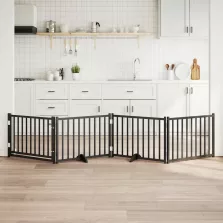  vidaXL fekete tömör fa 4 paneles összecsukható kutyakapu ajtóval 320cm