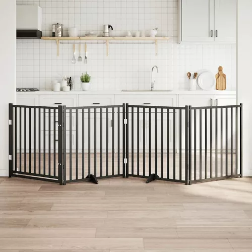 vidaXL fekete tömör fa 4 paneles összecsukható kutyakapu ajtóval 320cm