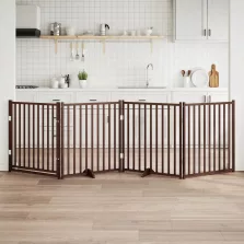   vidaXL barna tömör fa 4 paneles összecsukható kutyakapu ajtóval 320 cm