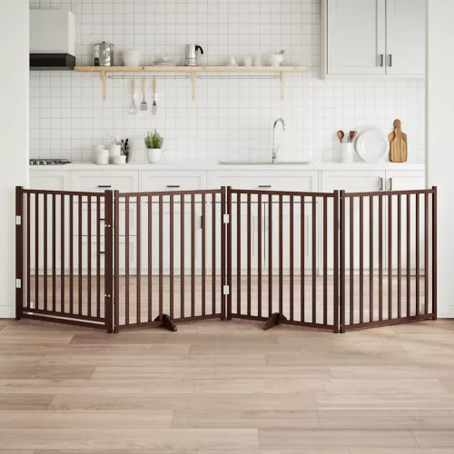 vidaXL barna tömör fa 4 paneles összecsukható kutyakapu ajtóval 320 cm
