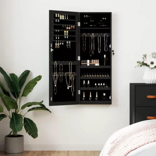vidaXL fekete falra szerelhető tükrös ékszerszekrény 37,5x10x106 cm
