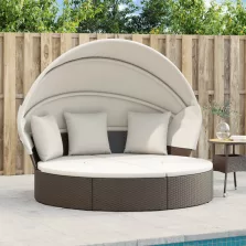   vidaXL barna polyrattan kültéri napozóágy napellenzővel és párnával