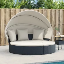   vidaXL fekete polyrattan kültéri napozóágy napellenzővel és párnákkal