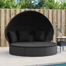   vidaXL fekete polyrattan kültéri napozóágy napellenzővel és párnákkal