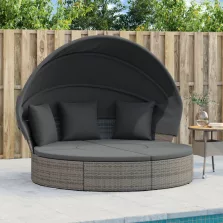  vidaXL szürke polyrattan kültéri napozóágy napellenzővel és párnákkal