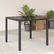   vidaXL fekete polyrattan üveglapos kerti asztal 90 x 90 x 75 cm