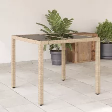   vidaXL bézs polyrattan üveglapos kerti asztal 90 x 90 x 75 cm