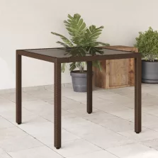   vidaXL barna polyrattan üveglapos kerti asztal 90 x 90 x 75 cm