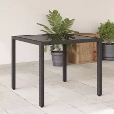   vidaXL fekete polyrattan üveglapos kerti asztal 90 x 90 x 75 cm