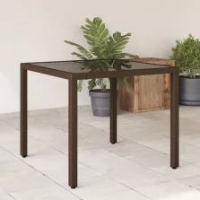   vidaXL barna polyrattan üveglapos kerti asztal 90 x 90 x 75 cm