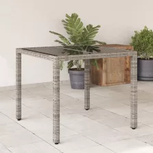   vidaXL szürke polyrattan üveglapos kerti asztal 90 x 90 x 75 cm