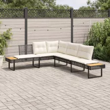   vidaXL fekete polyrattan és akácfa L-alakú kerti kanapé párnával
