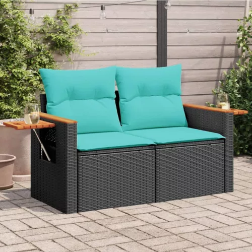 vidaXL kétszemélyes fekete polyrattan kerti kanapé párnákkal