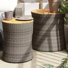   vidaXL 2 db szürke polyrattan kerti kisasztal fa asztallappal