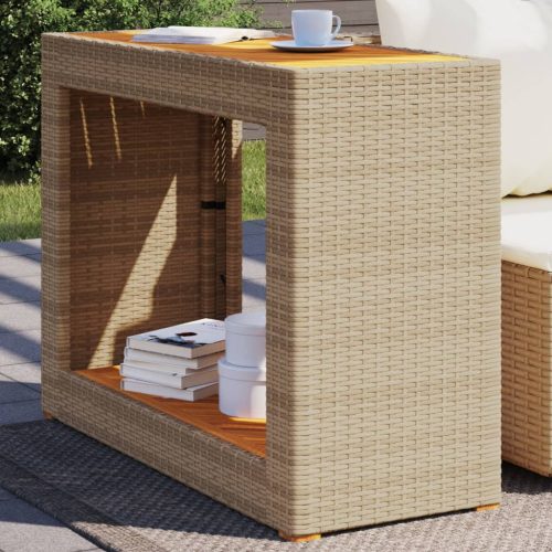 vidaXL bézs polyrattan kerti kisasztal fa asztallappal 100x40x75 cm