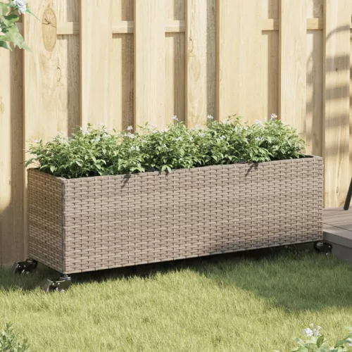 vidaXL szürke polyrattan növénytartó kerékkel/3 cseréppel 107x32x38 cm