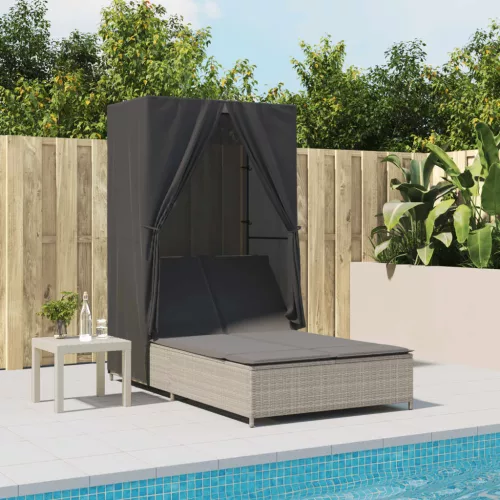 vidaXL világosszürke polyrattan dupla napozóágy tetővel és függönnyel