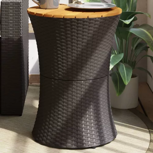 vidaXL fekete polyrattan és tömör fa kerti dob alakú kisasztal