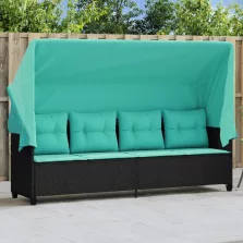 vidaXL fekete polyrattan napozóágy tetővel és párnával