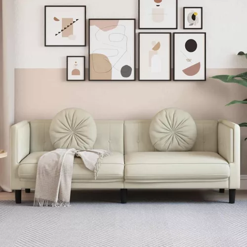 vidaXL krémszínű bársony 3 személyes kanapé párnákkal