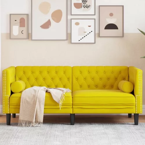 vidaXL 2 személyes sárga bársony Chesterfield kanapé hengerpárnákkal
